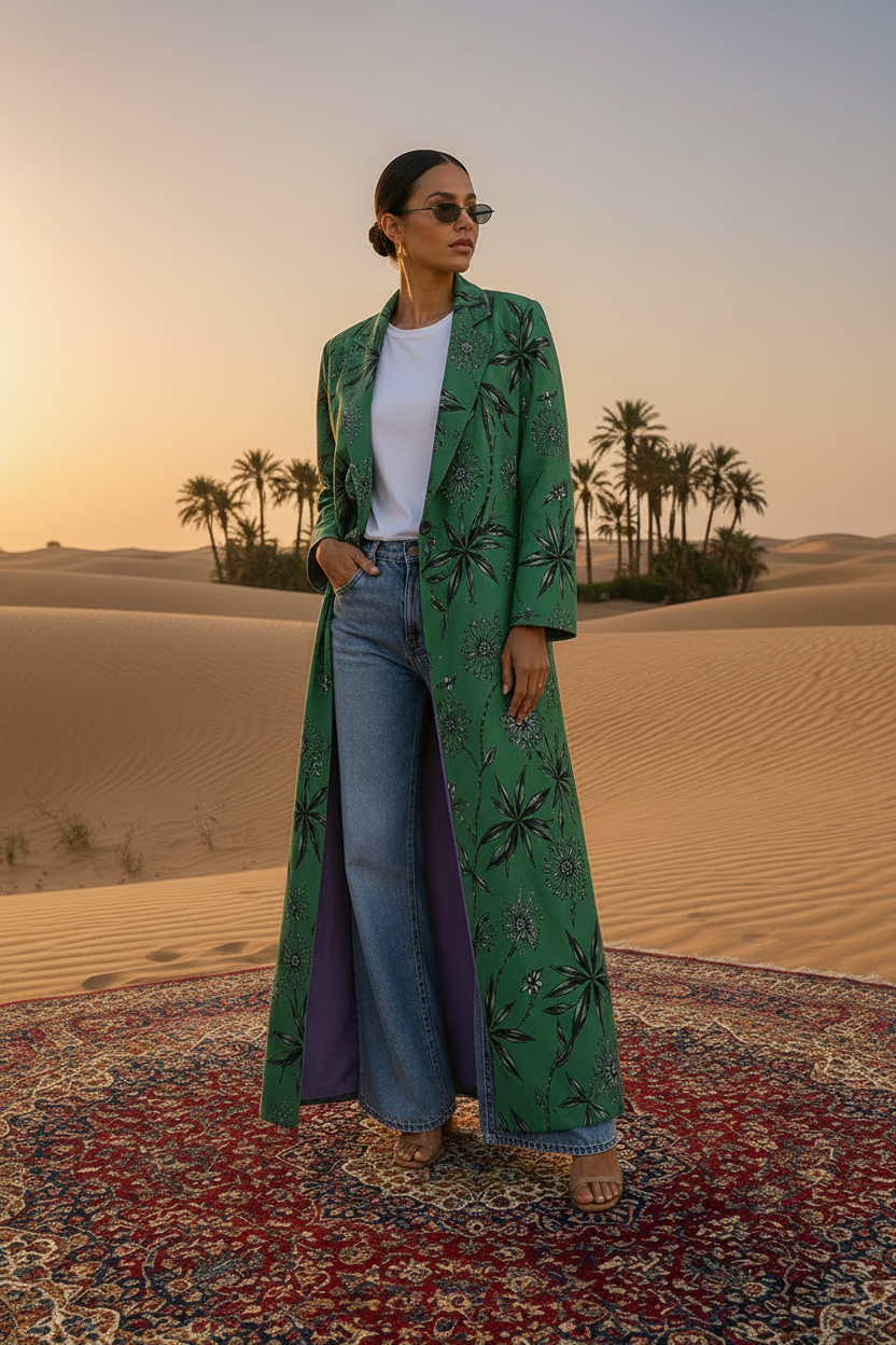 Woman wearing a long green floral coat in an outdoor setting