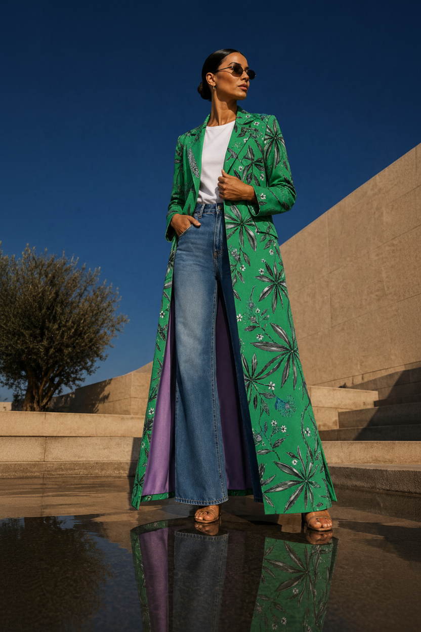 Woman in green botanical printed coat 