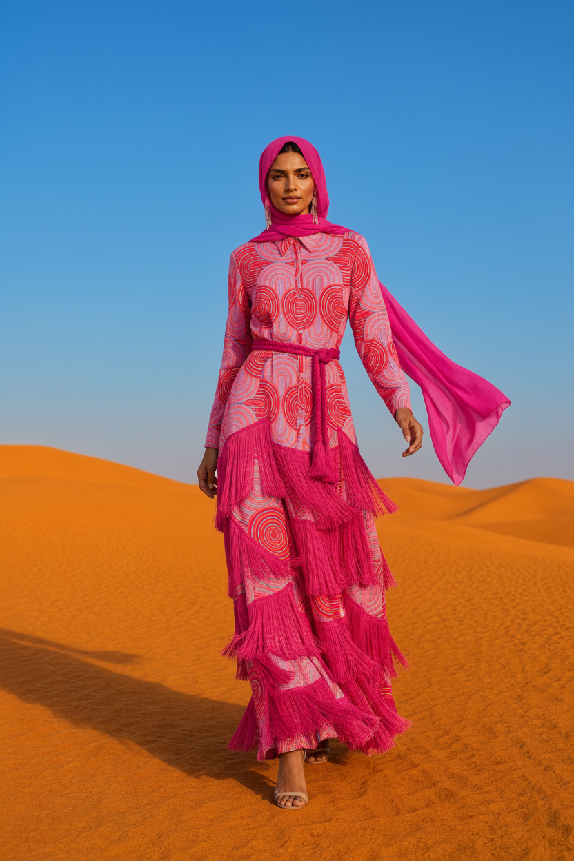 Woman in a pink dress and headscarf standing on sand dunes with a clear blue sky.