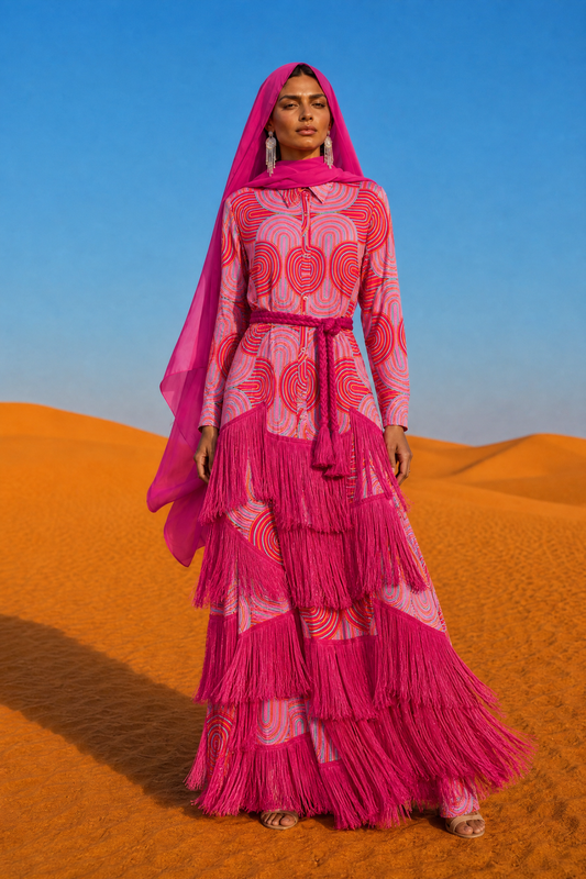 Woman in a pink dress with a pattern and fringe standing in the desert