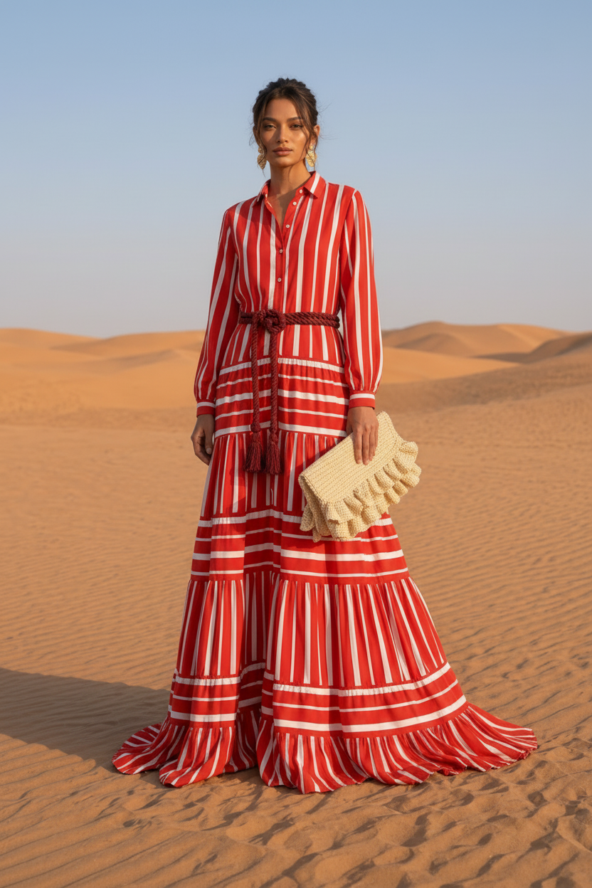 RED AND WHITE STRIPED MAXI DRESS
