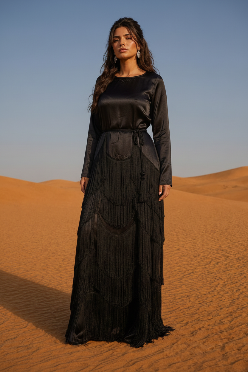 Woman in a black fringe dress standing in the desert with a clear blue sky.