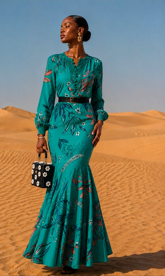 Woman in a teal dress with floral patterns standing in desert sand dunes.