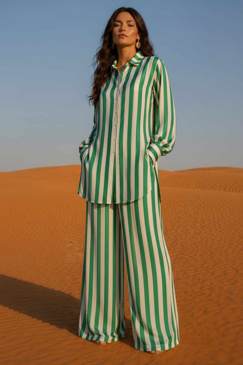 Woman in green and white striped outfit standing in a desert landscape