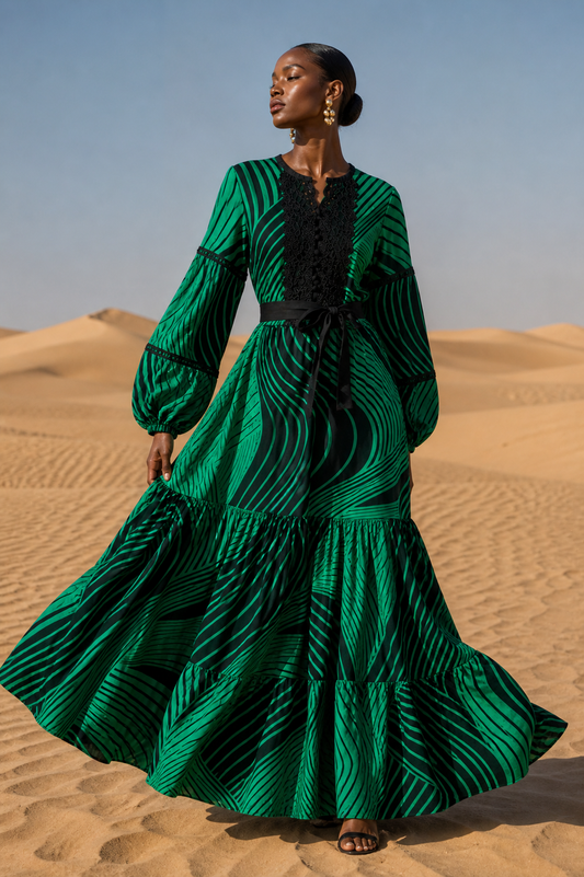 Woman in a green dress standing in a desert landscape