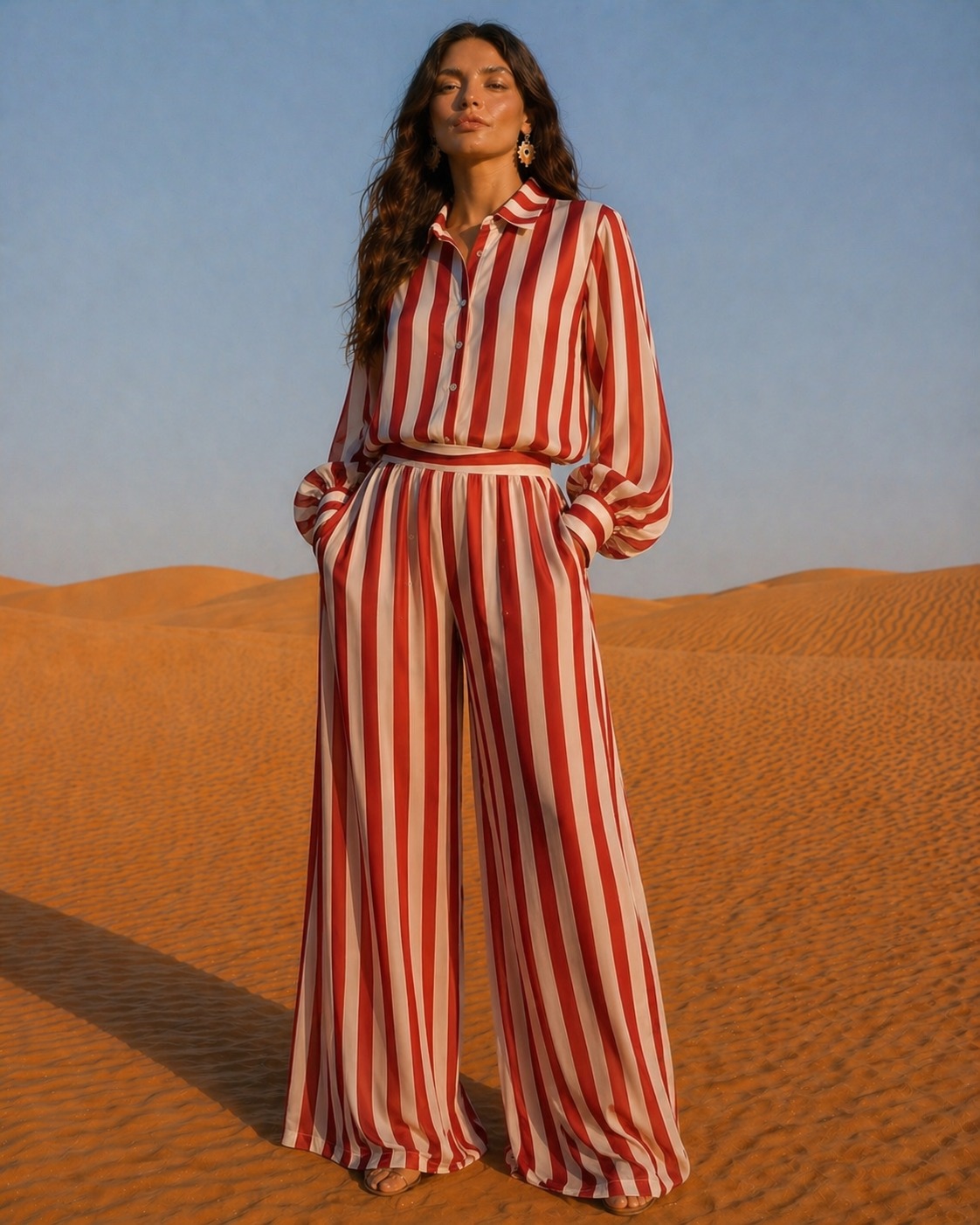Woman in a jade and white striped outfit standing in a desert landscape.