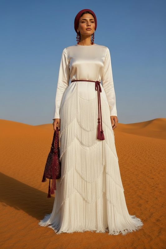 Woman in a long, flowing dress with a red headscarf standing in a desert landscape.