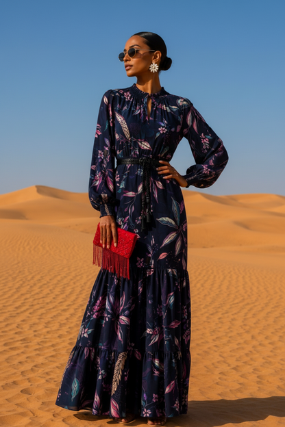 Woman in black printed dress 