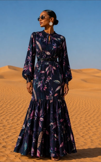 Woman in a dark floral dress standing in a desert landscape