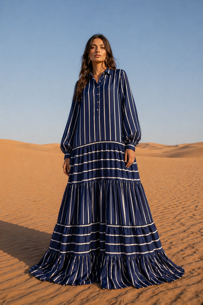 model in a deep navy and white striped maxi dress
