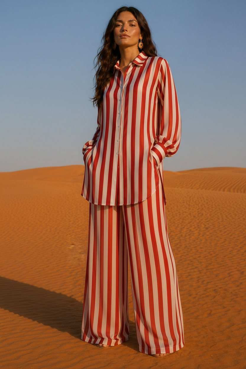 Woman wearing a red and white striped outfit in a desert setting