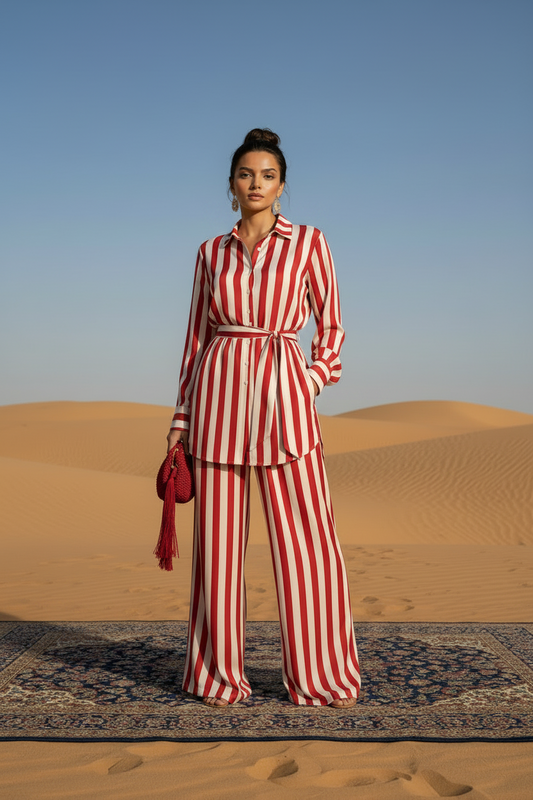 Woman in a green and white striped outfit standing in a desert with sand dunes and blue sky.