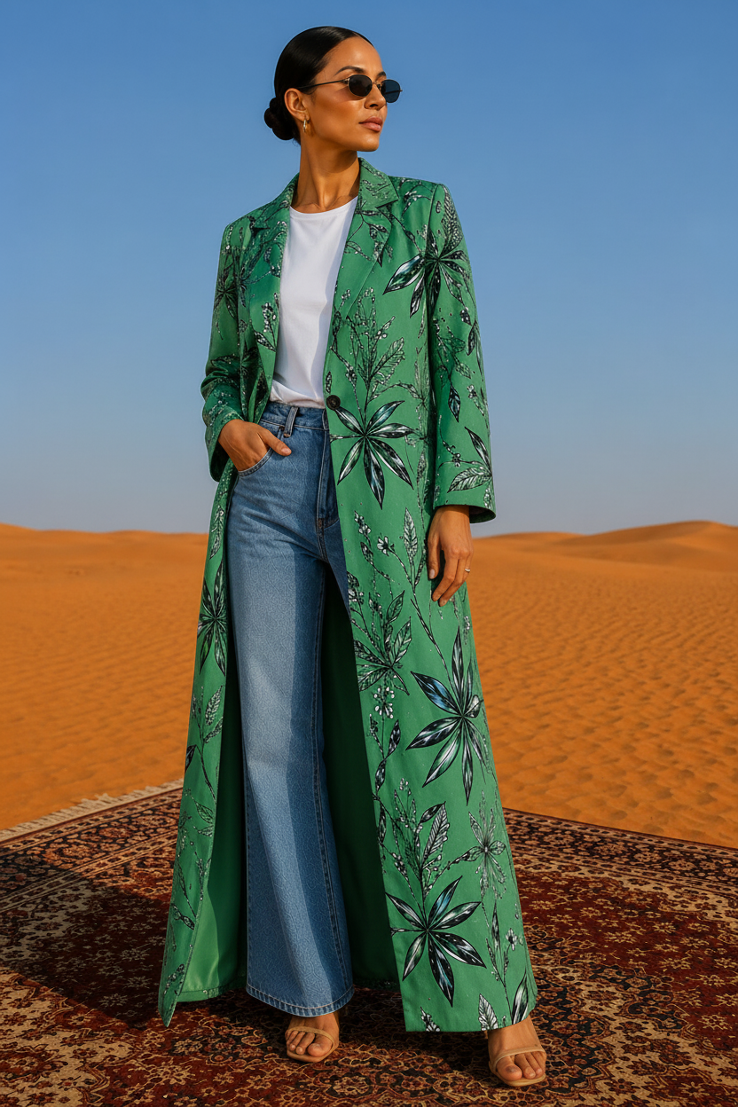 Woman in a green patterned coat standing in a desert landscape