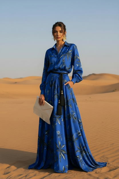 Woman in a blue printer shirt snd skirt dress standing in the desert
