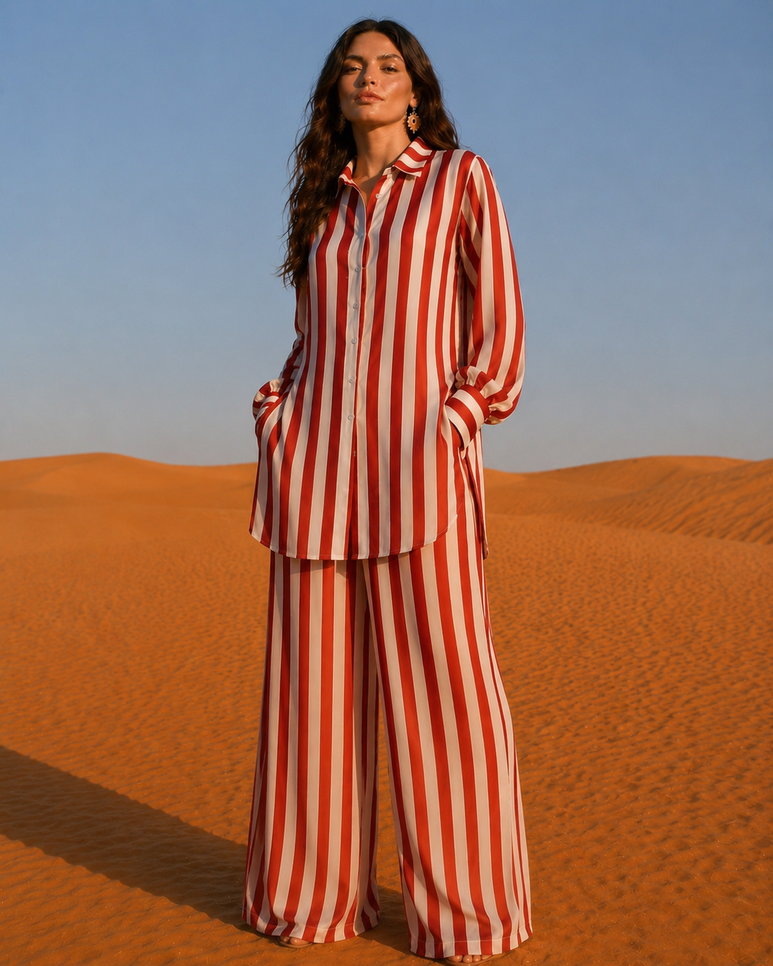 Woman in a red and white striped outfit standing in the desert.