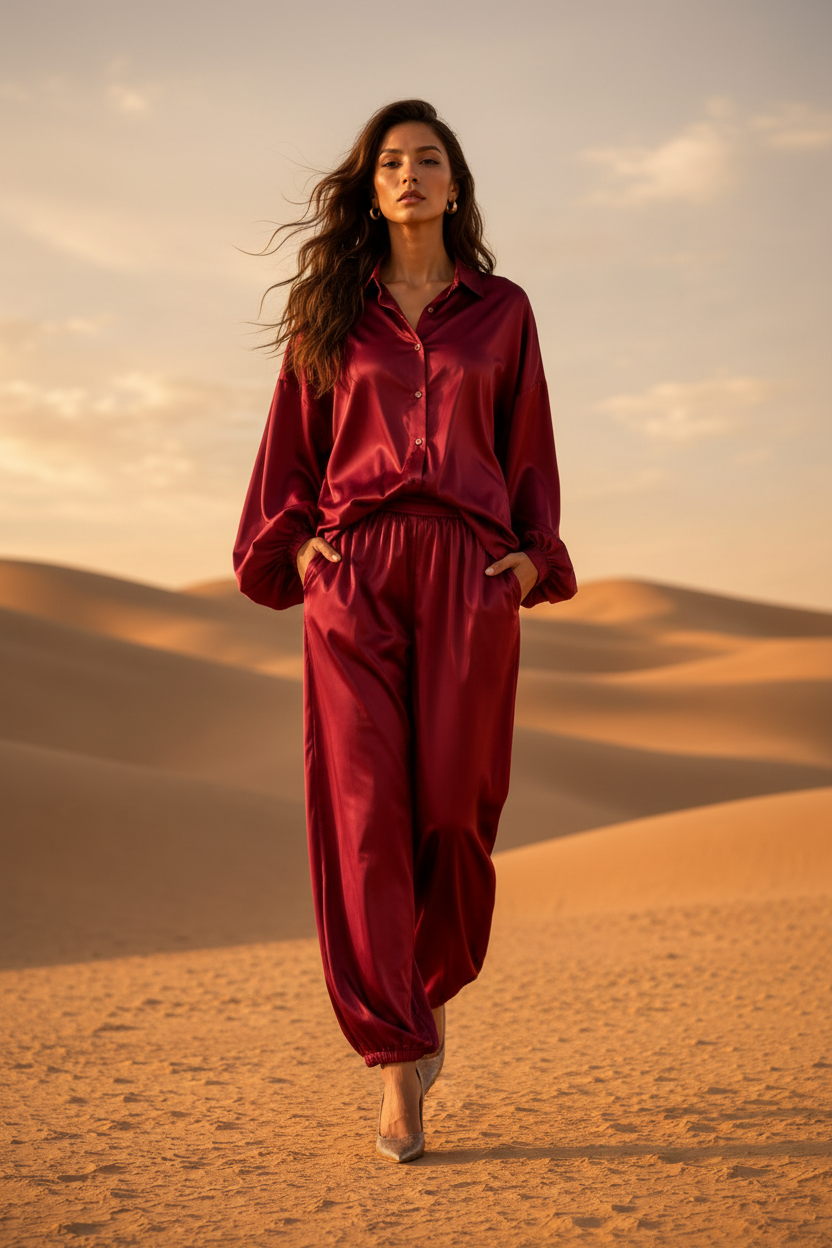 Woman in a red satin outfit standing in a desert landscape at sunset.