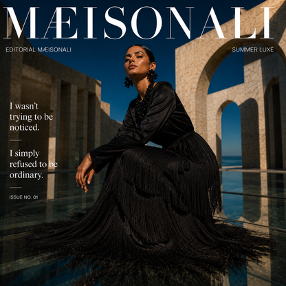 Woman in a black dress sitting in front of architectural structures with 'MAISONALI' branding.