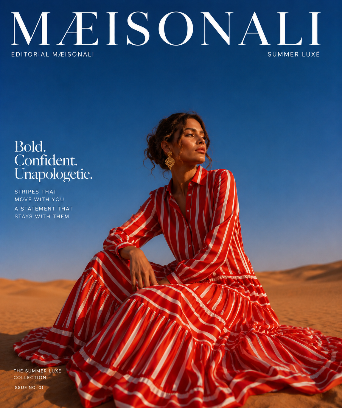 Woman in a red and white striped dress sitting in the desert with 'MAISONALI' branding.