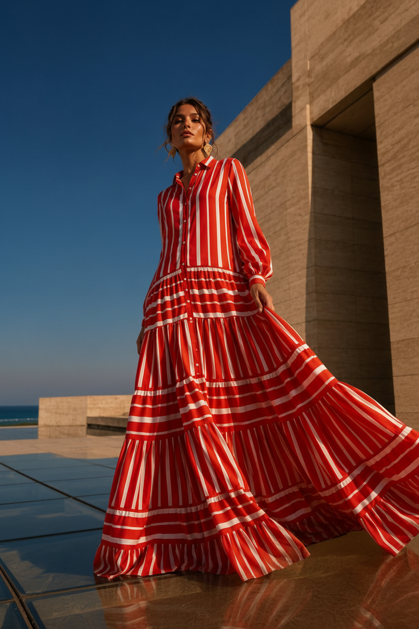 Woman in a red and white striped dress standing outdoors with 'MAISONALI' branding.