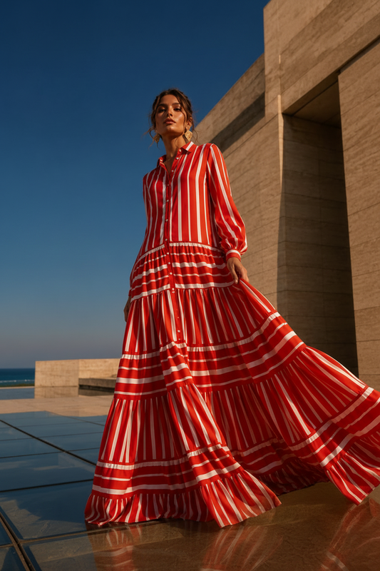 Woman in a red and white striped dress standing outdoors with 'MAISONALI' branding.