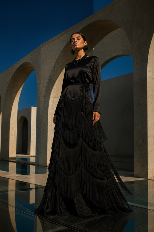 woman in black fringe maxi dress
