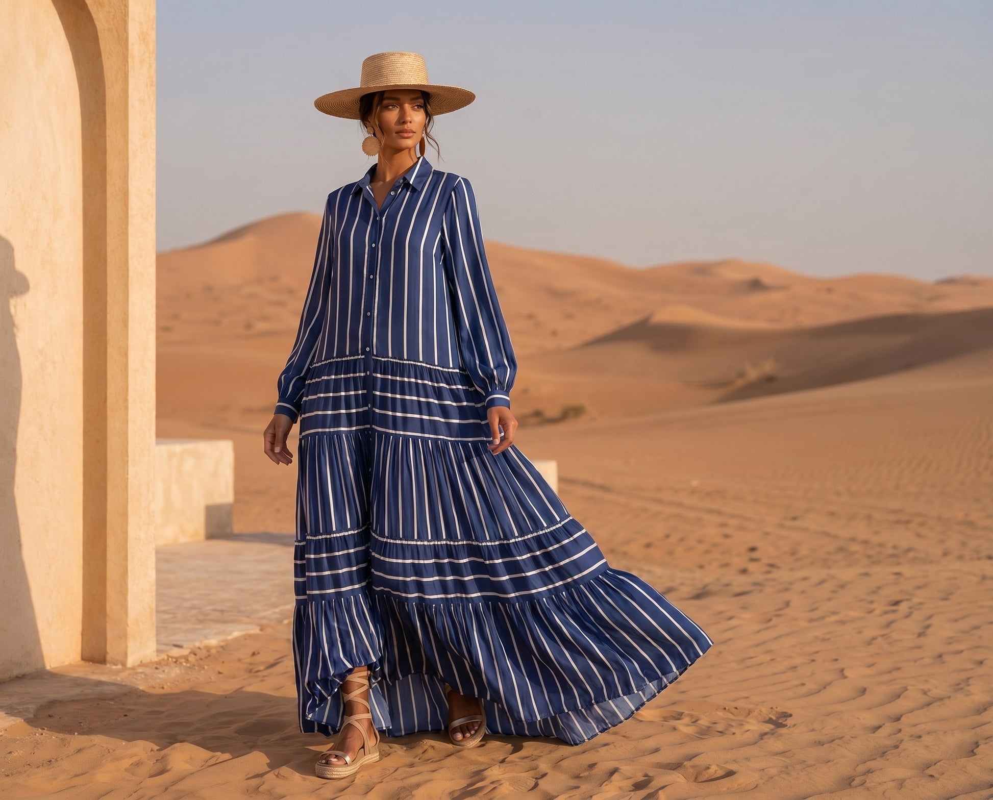 woman wearing a navy and white striped maxi dress with hat