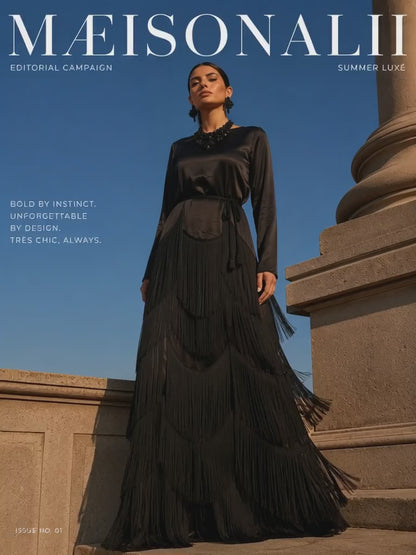 woman in maeisonali black fringe dress