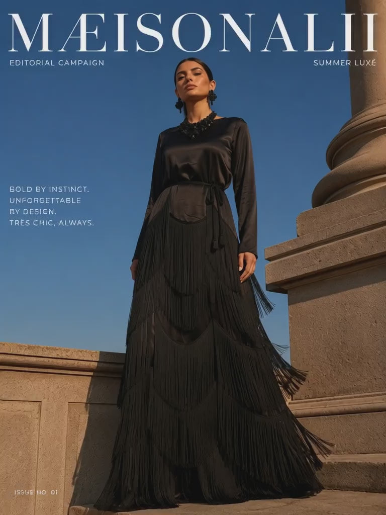woman in maeisonali black fringe dress