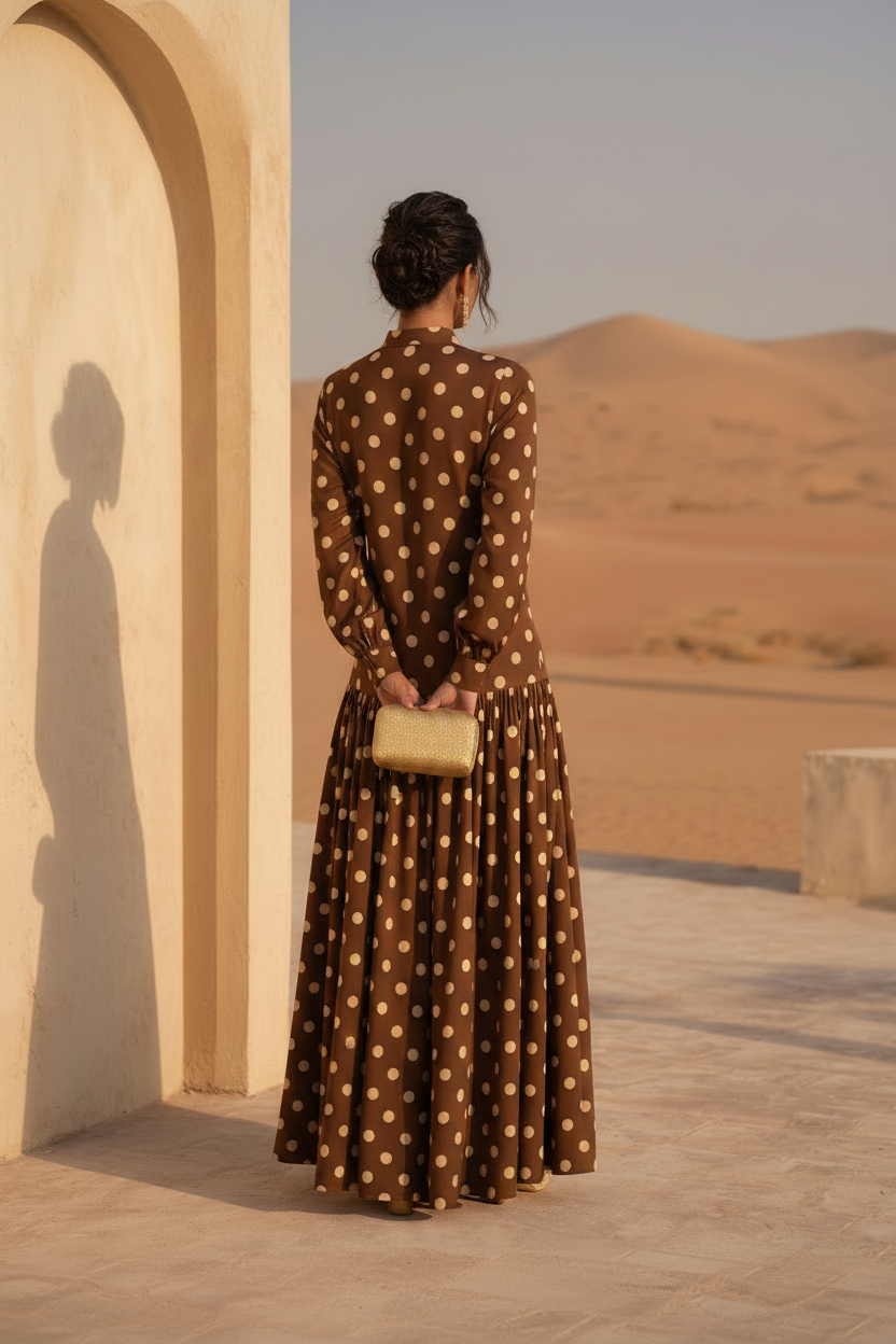 Desert Poise – The OG Drop-Waist Maxi (Brown Polka)