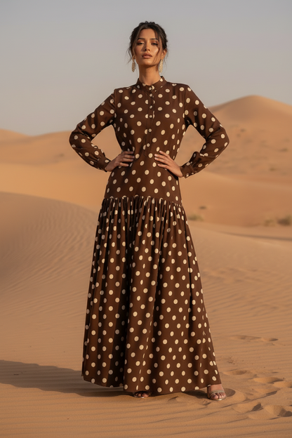 Desert Poise – The OG Drop-Waist Maxi (Brown Polka)