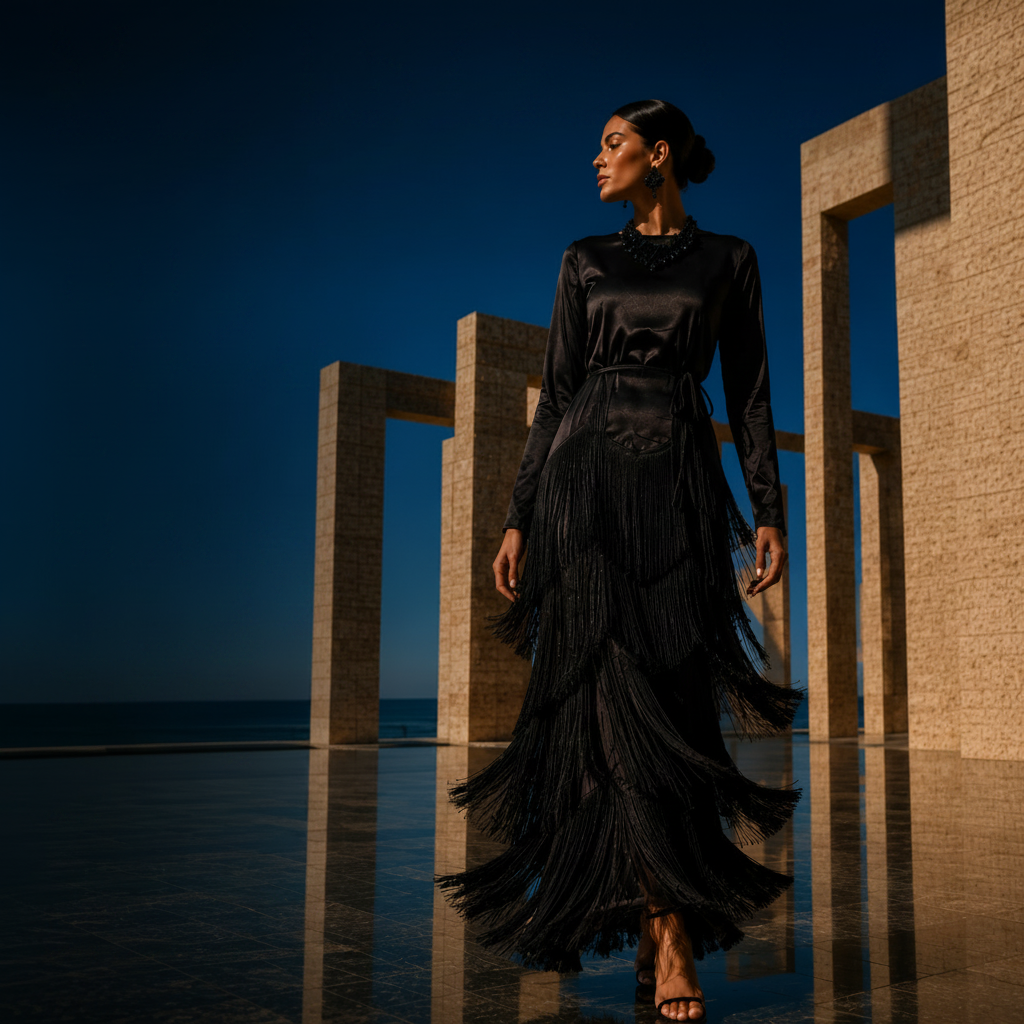 Woman in a black dress standing in front of architectural structures with 'MAISONALI' branding.