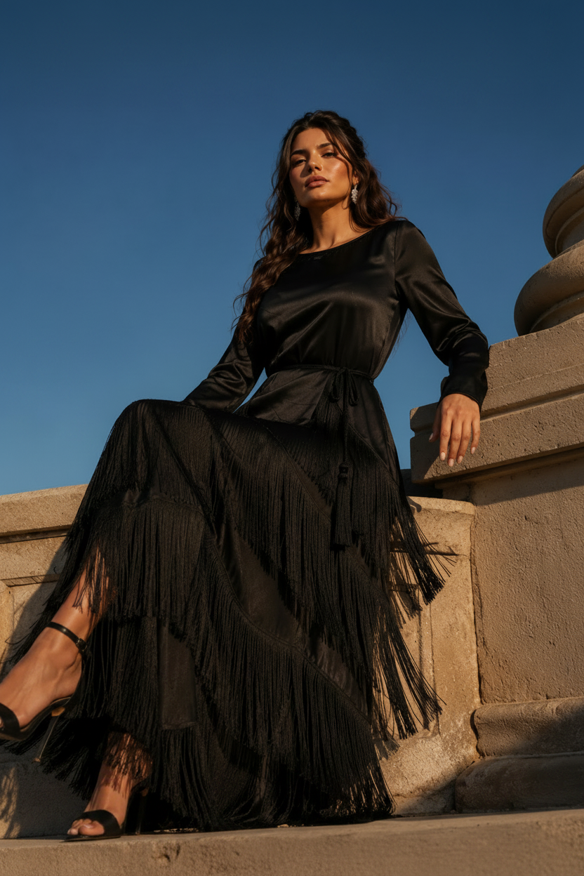 Woman in a black dress sitting on stone steps 